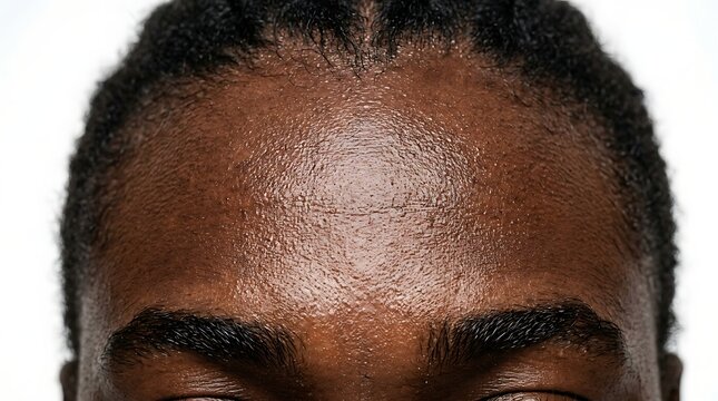 Close up portrait of a young african american man showing his forehead and eyebrows against white background