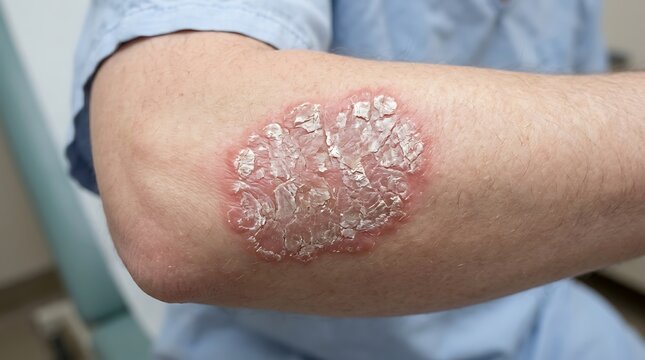 Close up view of a red scaly plaque of psoriasis on a patient arm in a medical clinic