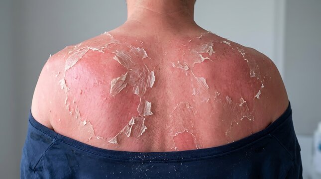 Severe sunburn on a woman's back with peeling skin