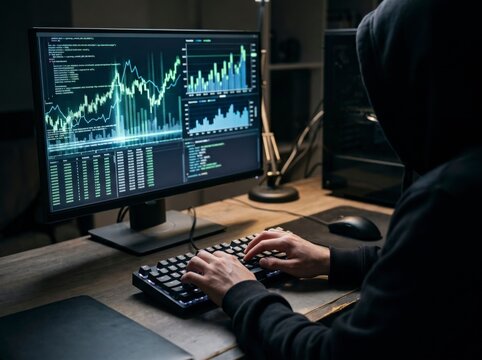 Person in a black hoodie typing on a keyboard while analyzing stock market graphs, cryptocurrency candlestick charts, and financial data code on a monitor in a dark room.