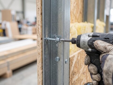 Close-up of a construction worker using a cordless impact driver to fasten a screw into a galvanized steel stud profile during prefabricated wall assembly.