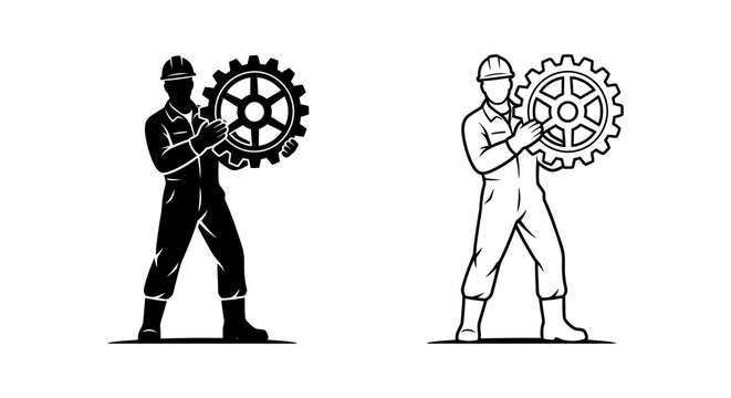 Worker holding a gear a black silhouette on a white background