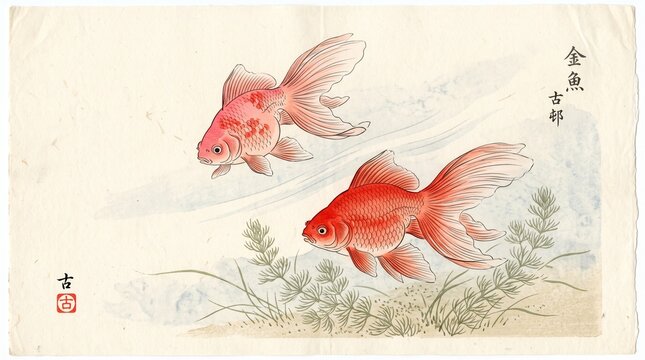 Traditional Japanese goldfish painting on aged rice paper. Red fantail fish swimming near aquatic plants