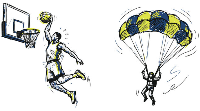 Hand drawn vector illustration of basketball player performing slam dunk and skydiver descending with parachute