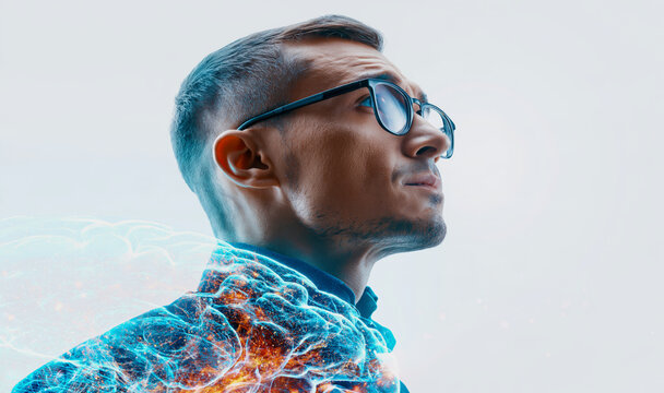 artificial intelligence concept with double exposure on a white background