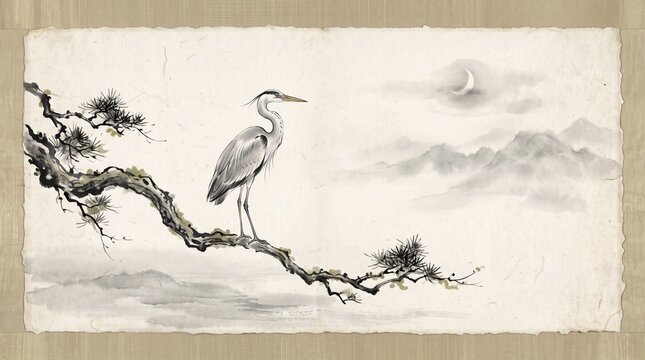 Heron bird perched on a pine tree branch. Traditional ink wash painting with mountains and moon