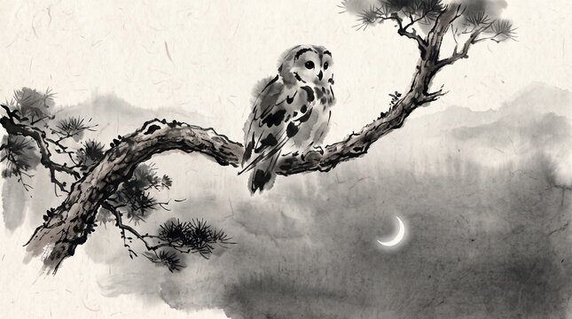 Owl perched on pine tree branch. Traditional Asian ink wash painting with crescent moon