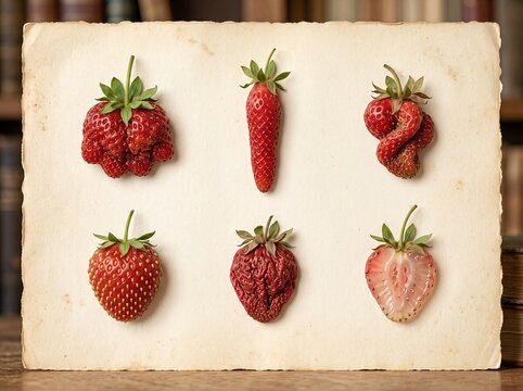 Unusual strawberry varieties. Weird shaped berries arranged on old paper. Botanical illustration