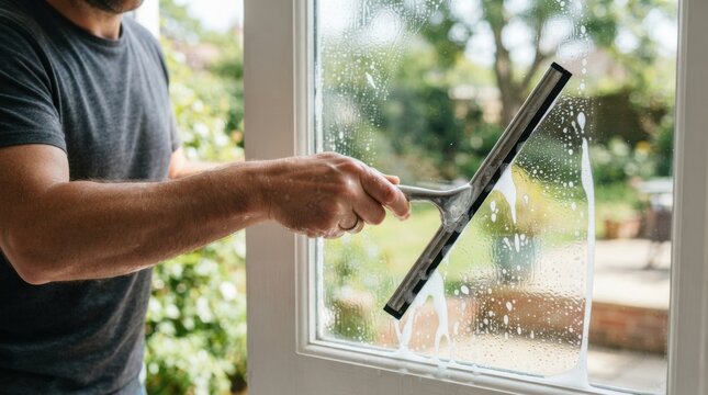 Man cleaning glass window with squeegee and soapy water in sunny home