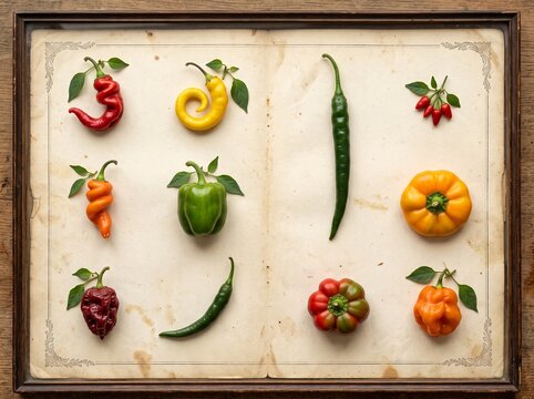 Botanical chili pepper collection framed photo. Assorted red green yellow and orange chili peppers