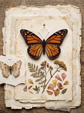 Monarch butterfly specimen and pressed flowers on vintage aged paper. Natural history study