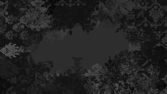 Elegant damask pattern frames a dark, textured center. Subtle floral motifs fade into deep shadows