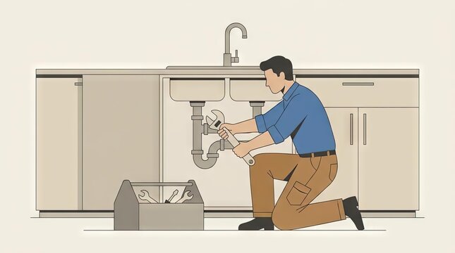 Plumber repairing a kitchen sink pipe illustration.