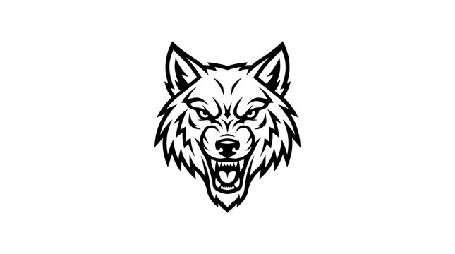 Stylized black and white wolf head mascot graphic.