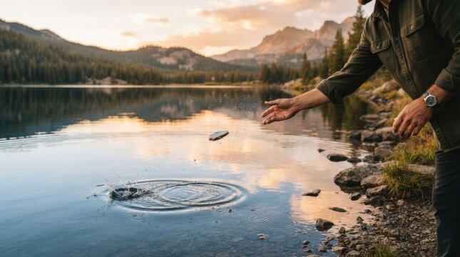 Man skipping flat stone across calm mountain lake water at sunset creating ripples