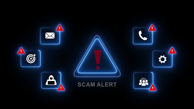 Cybersecurity scam alert warning featuring glowing digital for phishing, malware, identity theft, and fraudulent communication threats in a modern high-tech business security environment