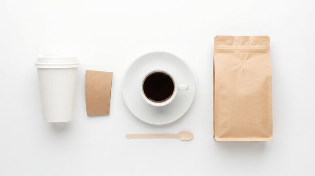 Flat lay of coffee cup with lid and coffee beans bag on white background paper cup coffee bean