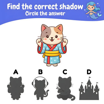 Matching game for kids find the correct shadow of cute cat wearing traditional kimono outfit