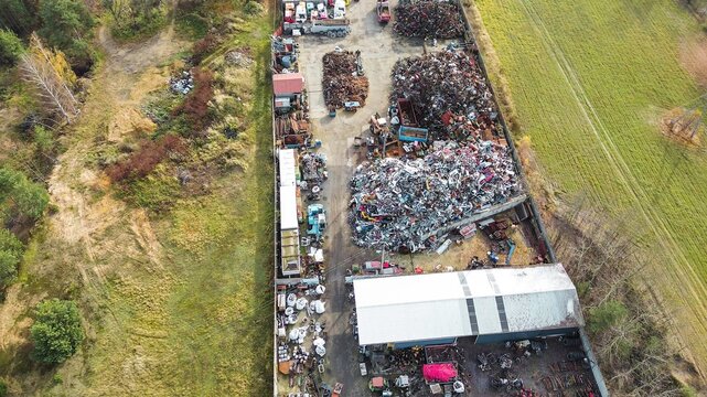 Aerial shot of scrap metal piles outdoors