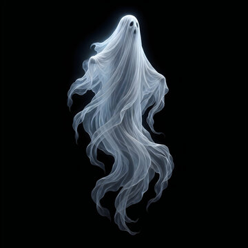 Ethereal translucent ghost figure floating against a dark background with supernatural entity supernatural being fictional cha