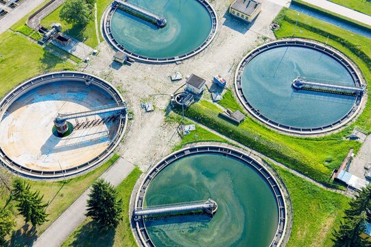 Aerial drone shot of municipal water treatment