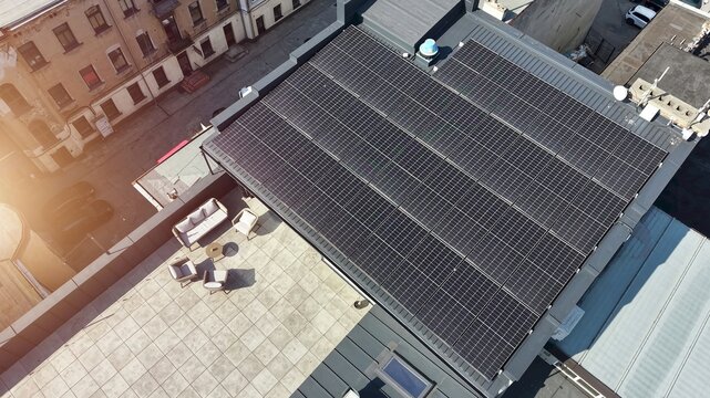 Sustainable rooftop design with solar panels and patio