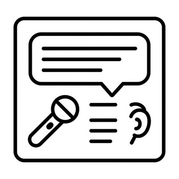 Speech recognition concept line illustration showing microphone input, speech bubble text transcription, and ear listening icon