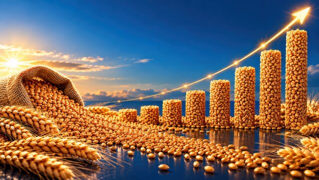 Rising Global Grain Demand Concept with Wheat Bar Chart, Growth Arrow and Agricultural Supply