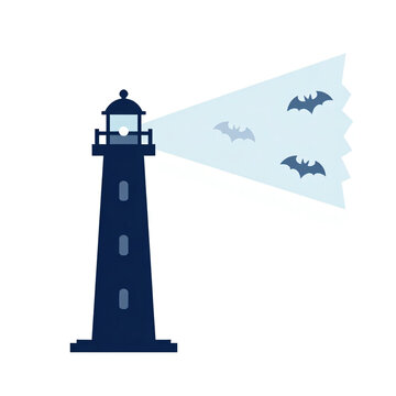 Modern minimal lighthouse emitting beam searchlight with night bats silhouette flat vector illustration
