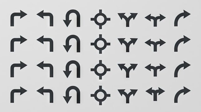 Black directional road and traffic arrow icons.