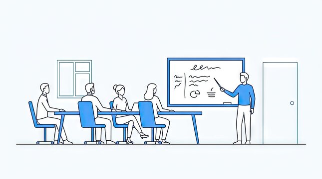 Business meeting sketch showing presentation on whiteboard.