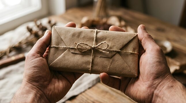 Hands holding a brown paper package tied with twine on a wooden table