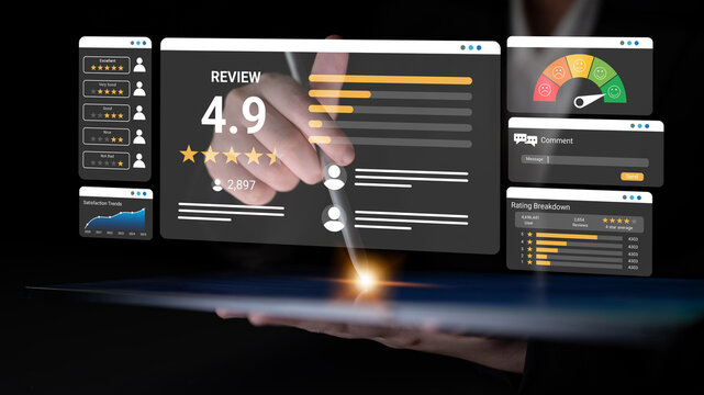 A modern digital interface displays an impressive review rating and user feedback analytics, showcasing performance metrics for businesses in an engaging manner. Ledger