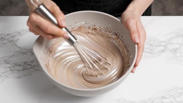 A young female person mixing chocolate cream with a metal whisk in a bowl on a white marble kitchen surface.