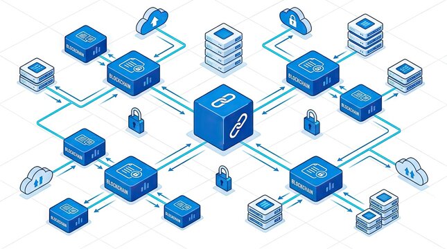 Isometric blockchain network data infrastructure diagram.