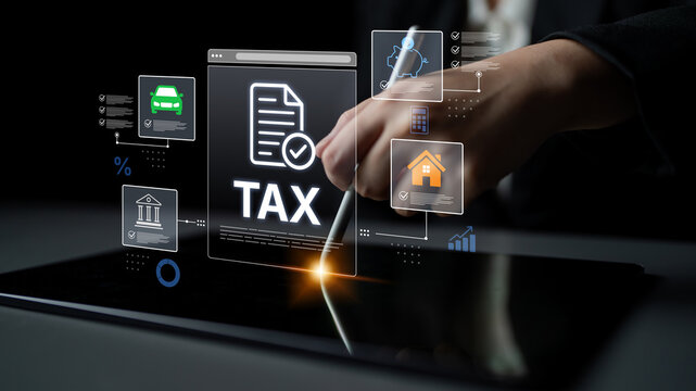 A hand holds a stylus over a tablet, engaging with digital tax documents and icons. The setup represents modern finance management and tax preparation in a professional environment. Nascent