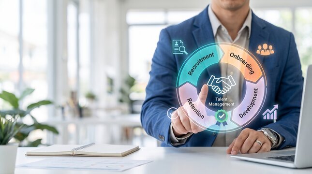 Talent management recruitment cycle interface, businessman using HR onboarding technology, corporate human resources development