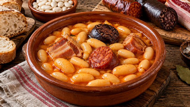 Traditional Asturian Fabada Bean Stew with Chorizo and Morcilla