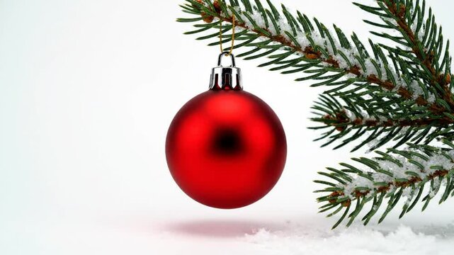 Festive red Christmas ornament glistening, hanging from snow-dusted evergreen bough, winter holiday decor