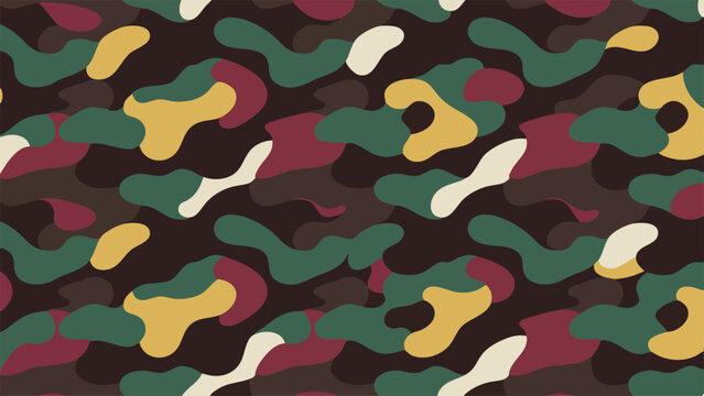 Vector Seamless Woodland Camo Surface Pattern with Natural Green Brown Red and Beige
