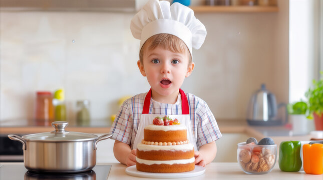 Boy wearing chef hat presenting two-tier cake in domestic kitchen. Child playing baker at home during culinary activity.