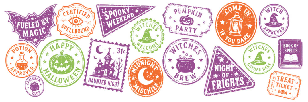 Grunge Halloween stamp set with pumpkins, witch hats, cauldrons and a haunted house. Party badges for spooky season