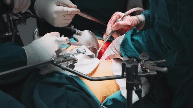 Surgical team works inside an open abdominal cavity using forceps, retractors and other precision instruments. Abdominal operation, internal organ treatment, hospital care, medical teamwork and