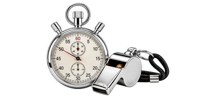 Silver metal stopwatch and referee whistle isolated on white background