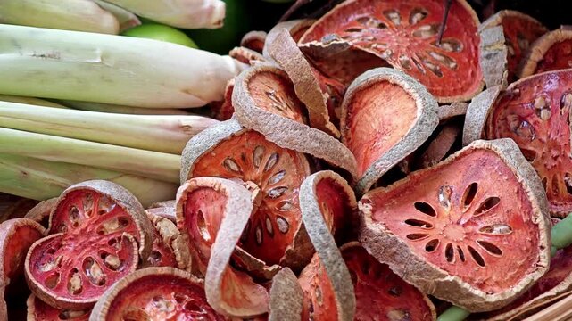 Fruits, vegetables and herbs in the basket. Dried Bael Fruit.
