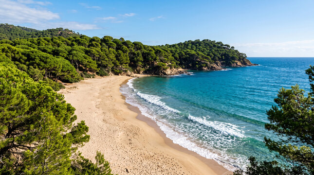 A pristine hidden sandy beach bordered by lush green Mediterranean pine trees slopes gently into the crystal clear turquoise sea under a completely cloudless bright blue sky.