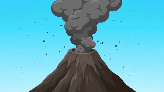 Volcano erupting with thick ash and smoke plume against a blue sky, hand-drawn vector illustration