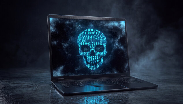 Laptop computer screen with glowing skull containing binary code, digital threats or computer hacking concept. Generative AI