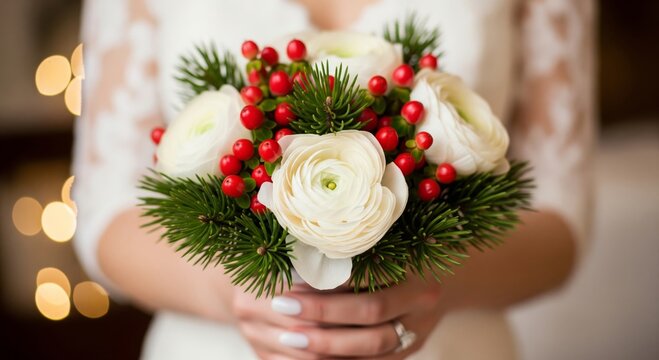 Woman Holding Festive Winter Bridal Bouquet