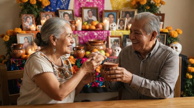 Day of the Dead Couple's Toast: An elderly couple shares a tender moment, toasting with warm beverages before an altar adorned with photos, marigolds, and traditional Day of the Dead decorations.
